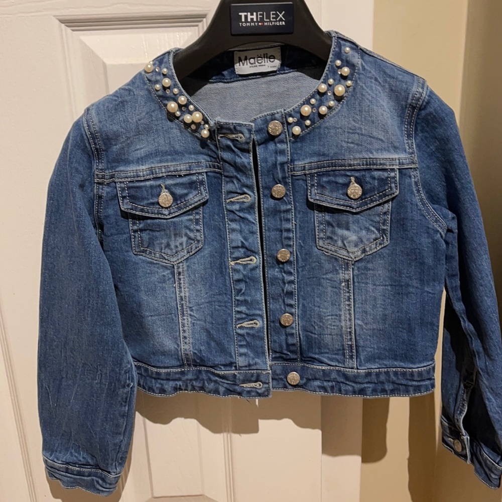 European pearl and rhinestone decorated Denim Jacket